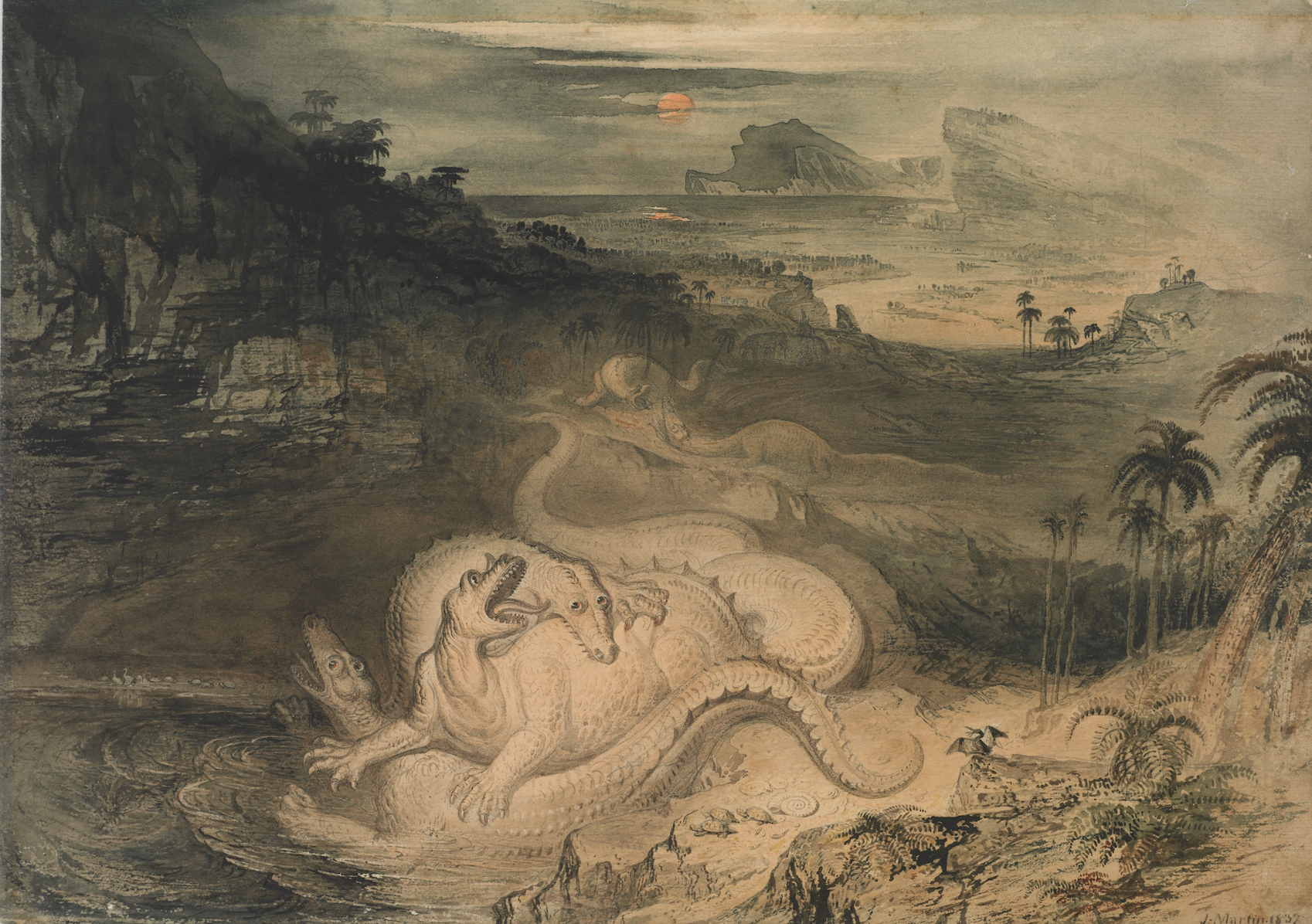 ジョン・マーティン 「イグアノドンの国」 1837年 水彩・紙 30.2x42.6cm ニュージーランド国立博物館テ・パパ・トンガレワ、ウェリントン Gift of Mrs Mantell-Harding, 1961. Te Papa (1992-0035-1784)