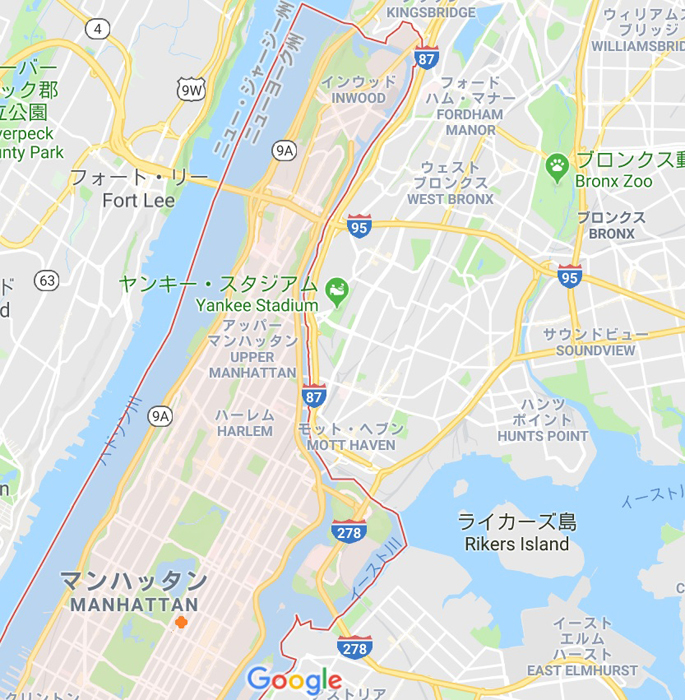 赤で囲ってあるのがマンハッタン島、赤い点がウォーバックス邸。東側にブロンクスが見える。