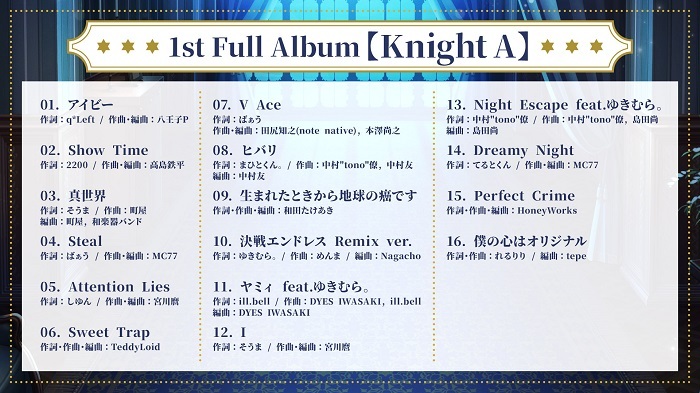 Knight A 騎士a 1st Full Album Knight A 収録楽曲情報 Xfd動画公開 Musicman