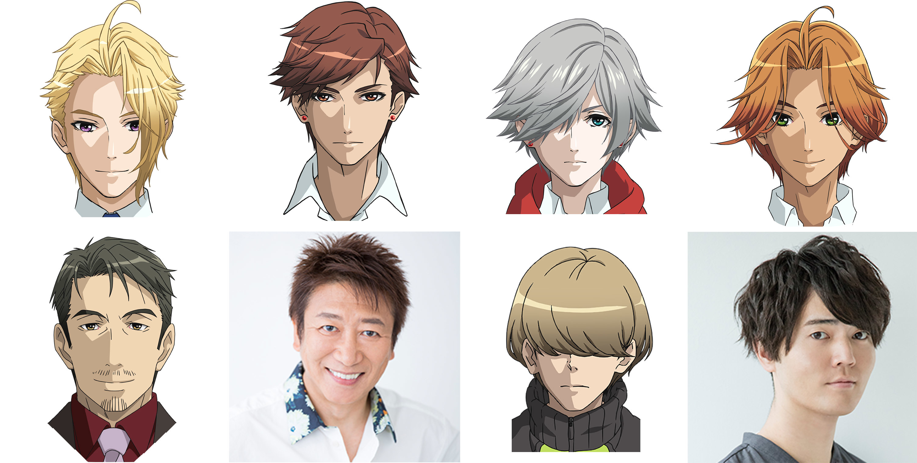 アニメキャラクター　下段左が理事長（CV：井上和彦）、右が同級生・松本晴臣（CV：駒田航）