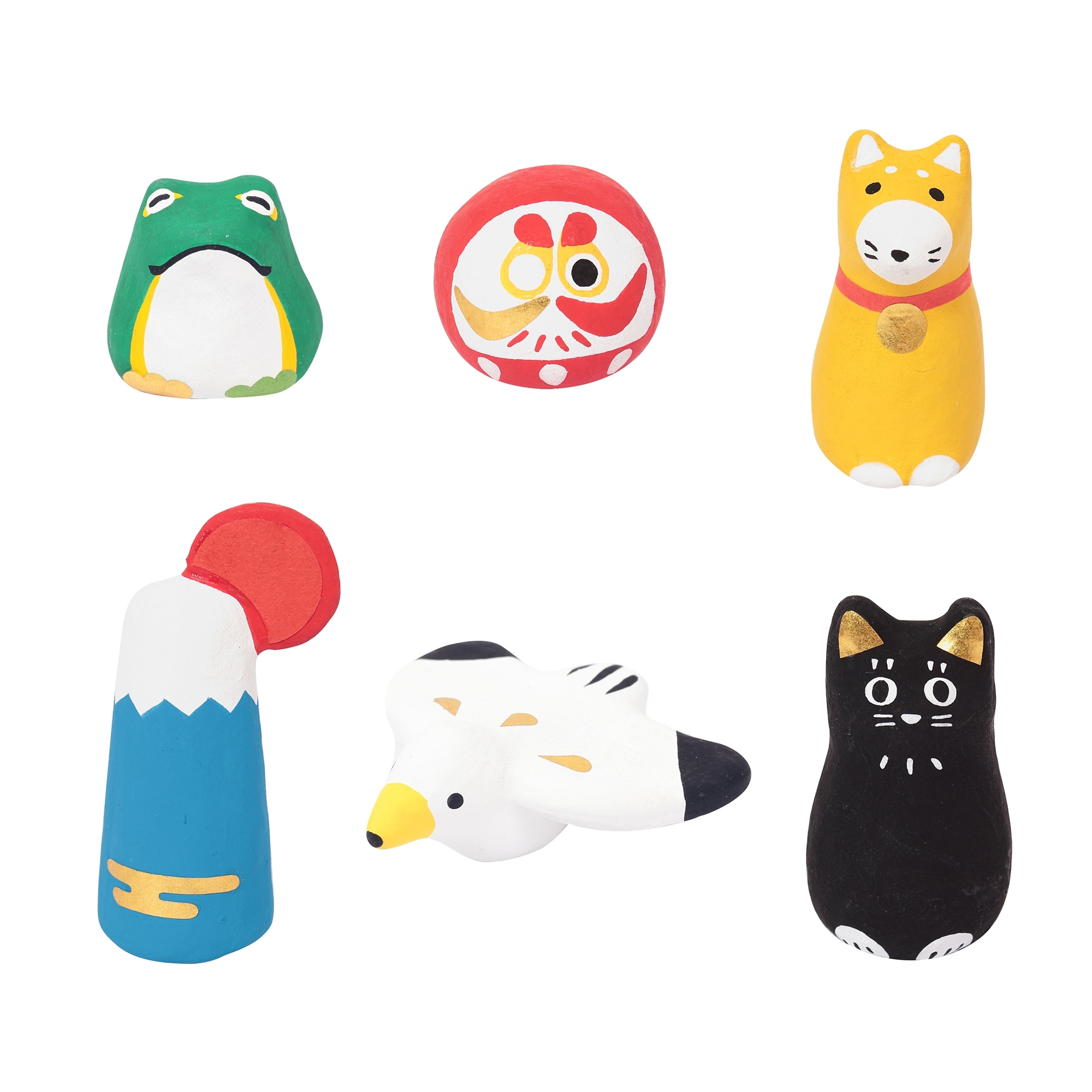 張り子（おみくじ付） 蛙、だるま、柴犬、富士山、かもめ、猫 販売価格：各1,500円 京都東山・満足稲荷神社ご祈祷済。おみくじをひいた後には、お飾りとして楽しめる。