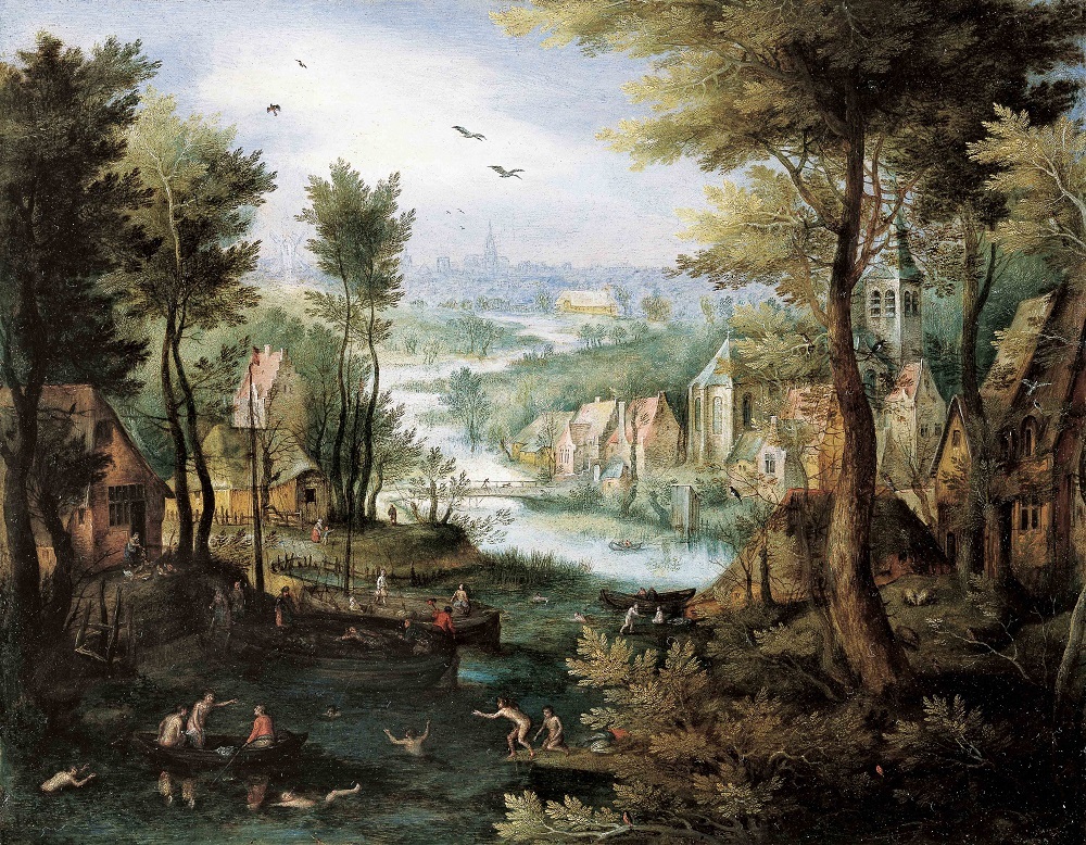 ヤン・ブリューゲル１世《水浴をする人たちのいる川の風景》1595-1600年頃　Private Collection, Switzerland