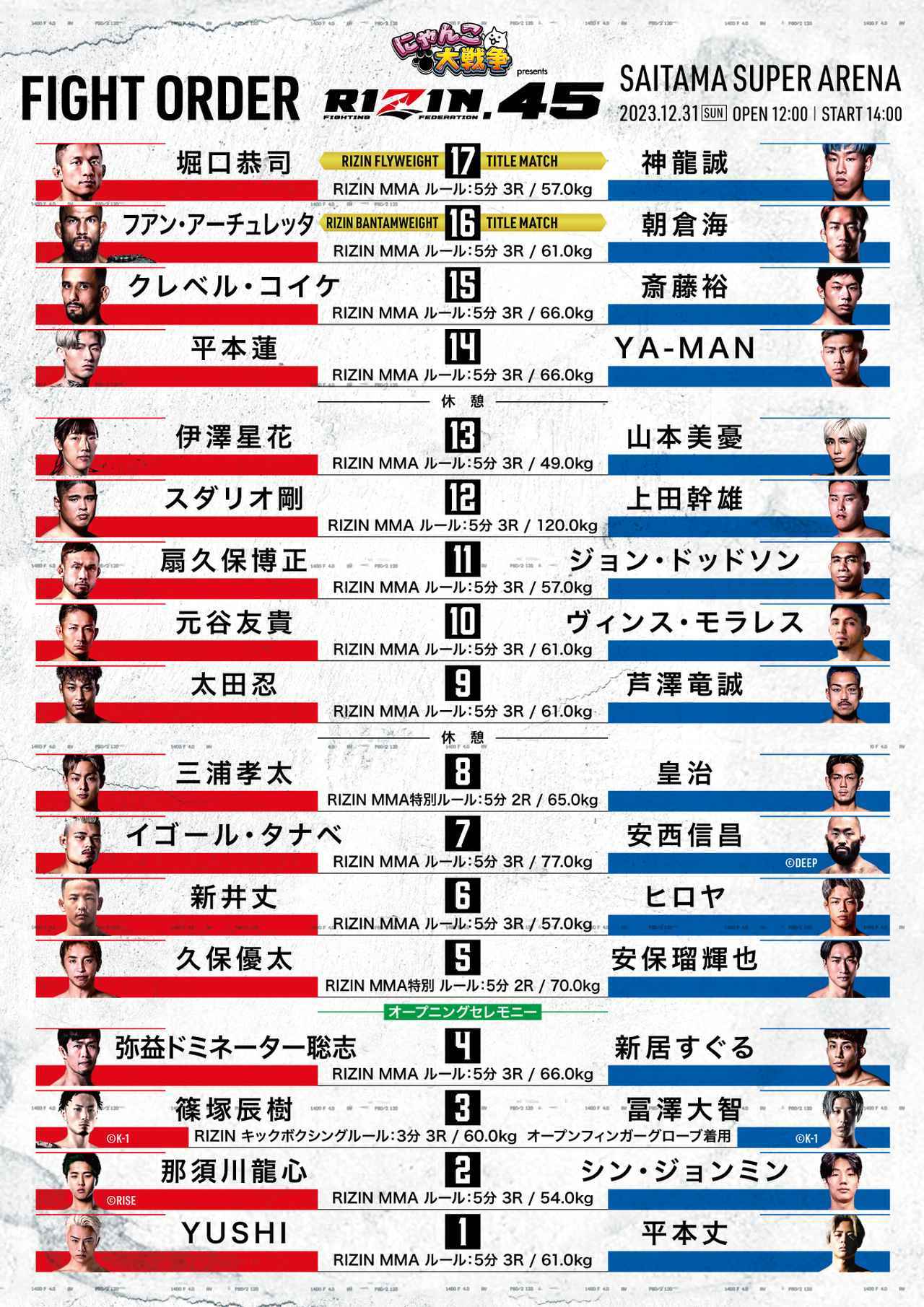 堀口恭司 vs 神龍誠戦が2023年を締めくくる！『RIZIN.45』の試合