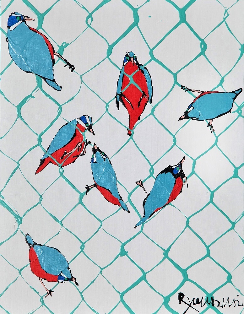 福田画廊 7 Small birds perched on green net fence 2017 今井 龍満