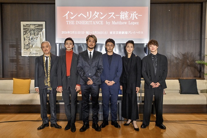 （左から）山路和弘、新原泰佑、福士誠治、田中俊介、麻実れい、柾木玲弥 　　　　　撮影：阿部章仁