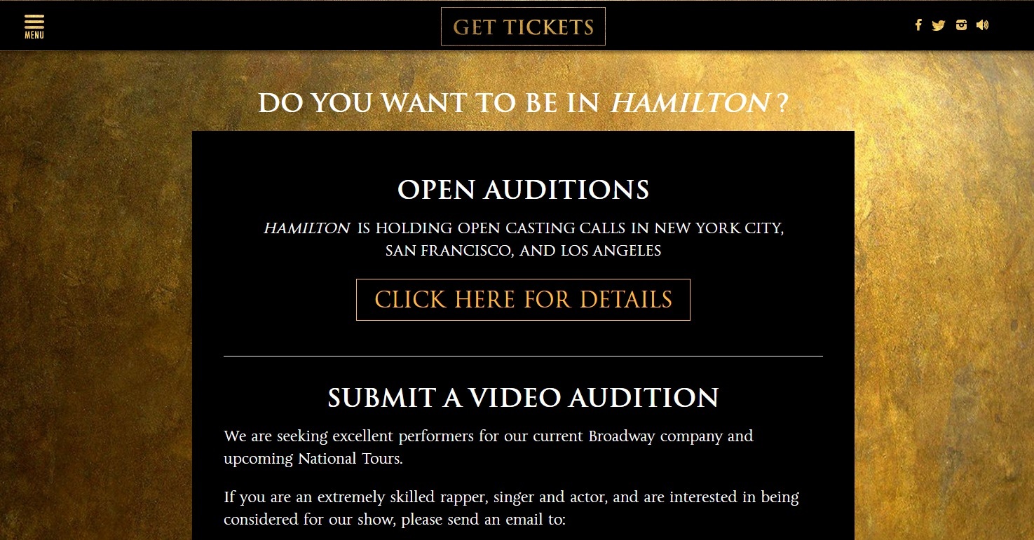 『Hamilton』公式サイト内オーディションページのスクリーンショット