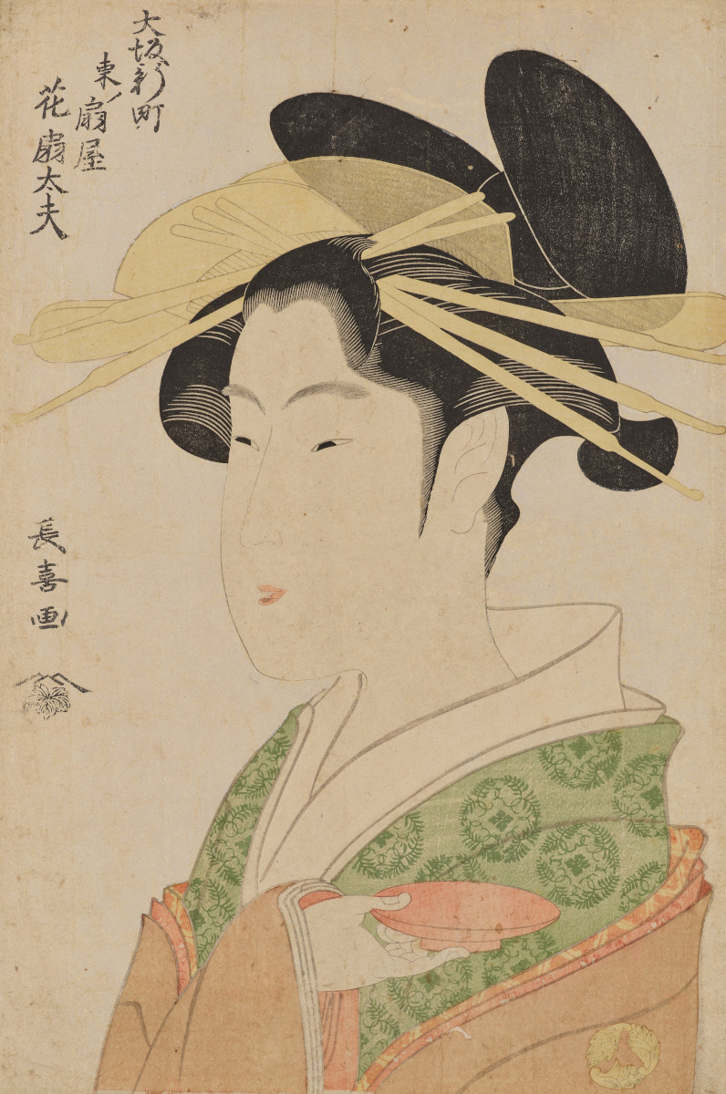 栄松斎長喜筆《大坂新町東ノ扇屋 花扇太夫》大判錦絵　寛政期（1789〜1801）　東京国立博物館蔵　後期展示：5/20〜6/15