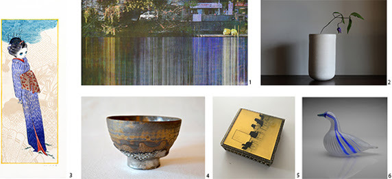 1.湯浅克俊『Quadrichromie - Homage to Claude Monet -』（2018）、2.ルーシー・リー『白釉花器』（1960 年代）、 3.山口藍『歌木立 - 松の言』（2018）、  4.青木良太『熔岩手銀瓷茶碗』（2017）、5.三田村光土里『DRIFT # lecture』(2015) © Midori Mitamura、6.オイバ・トイッカ 『No name(prototype)』（1980 年代）     	