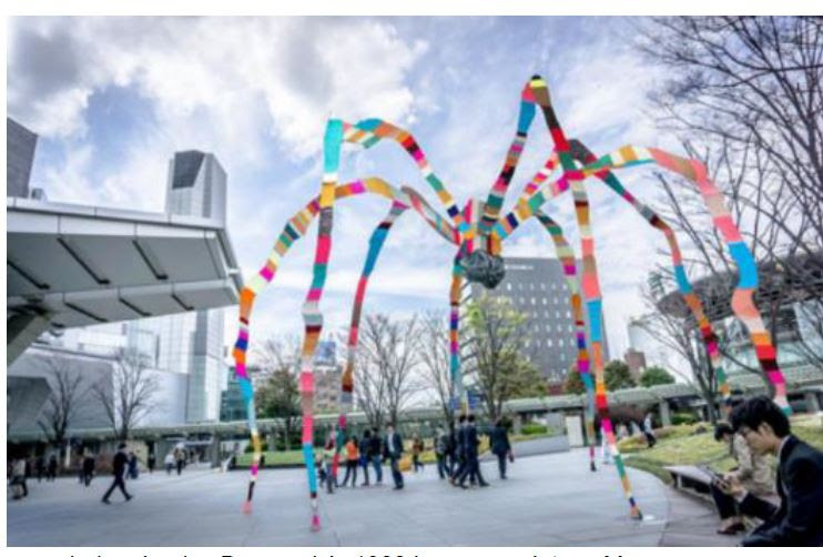 rendering, Louise Bourgeois's 1999 bronze sculpture Maman wrapped in fabric by Magda Sayeg in a temporary installation at