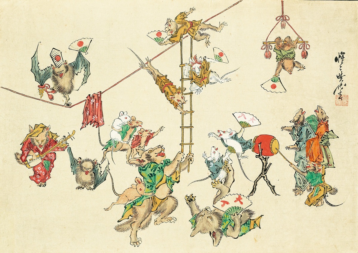 河鍋暁斎 《動物の曲芸》 明治4-22(1871-89)年 紙本着彩 イスラエル・ゴールドマン コレクション Israel Goldman Collection, London Photo：立命館大学アート・リサーチセンター