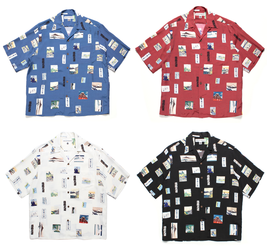 葛飾北斎 × WACKO MARIA　HAWAIIAN SHIRT（アロハシャツ） 価格：38,500円（税込）、サイズ：XS,S,M,L,XL,XXL、カラー：White,Black,Navy,Burgundy　※本展覧会限定カラー