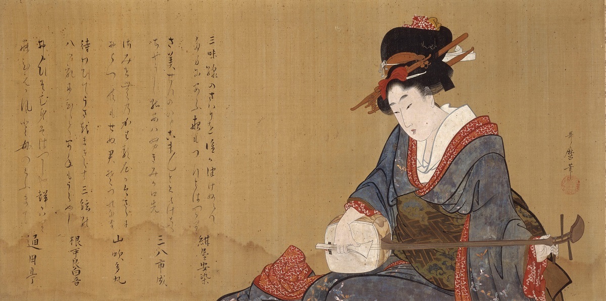 喜多川歌麿	《三味線を弾く美人図》江戸時代、1804-06年（文化1-3年）頃　41.5cm × 83cm　一幅、絹本着色