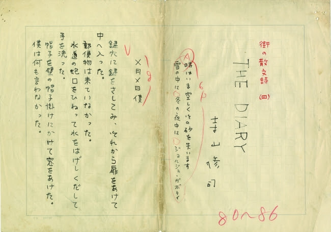 寺山修司肉筆原稿　SHUJI TERAYAMA「街の散文詩（四）　THE DIARY」ペン書　400字詰18枚完　