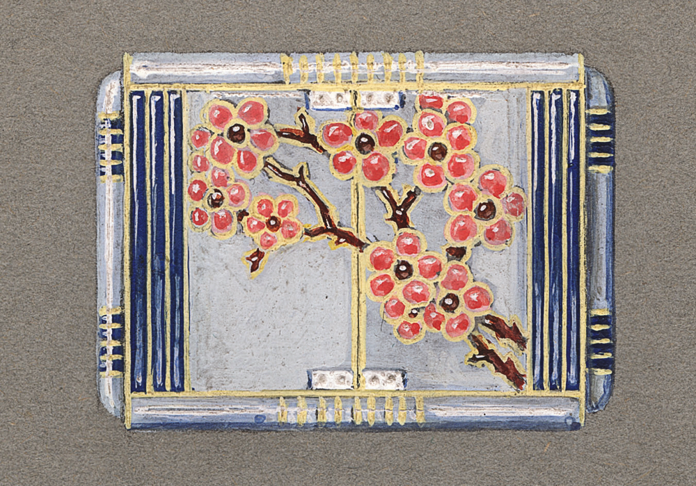ショーメデザイン工房 《「日本風」のデザイン画》 桜の木モティーフの、エナメル加工のパースウォッチ 1925年頃 鉛筆、グアッシュ、墨 ショーメ・コレクション、パリ (C) Chaumet