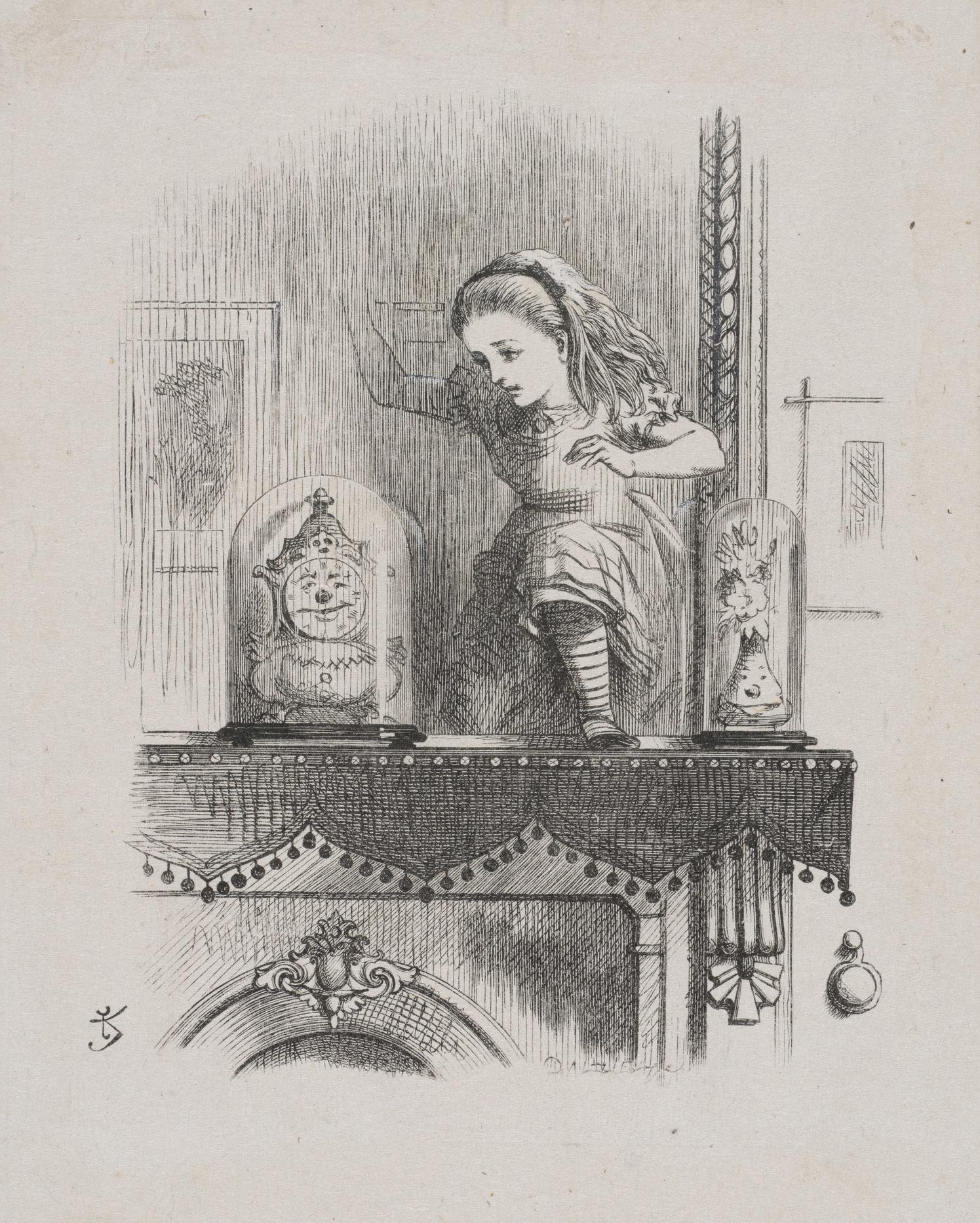 融け始めた鏡を通り抜けるアリス、『鏡の国のアリス』より、ジョン・テニエル画、ダルジール兄弟彫版、木版画、1871年、