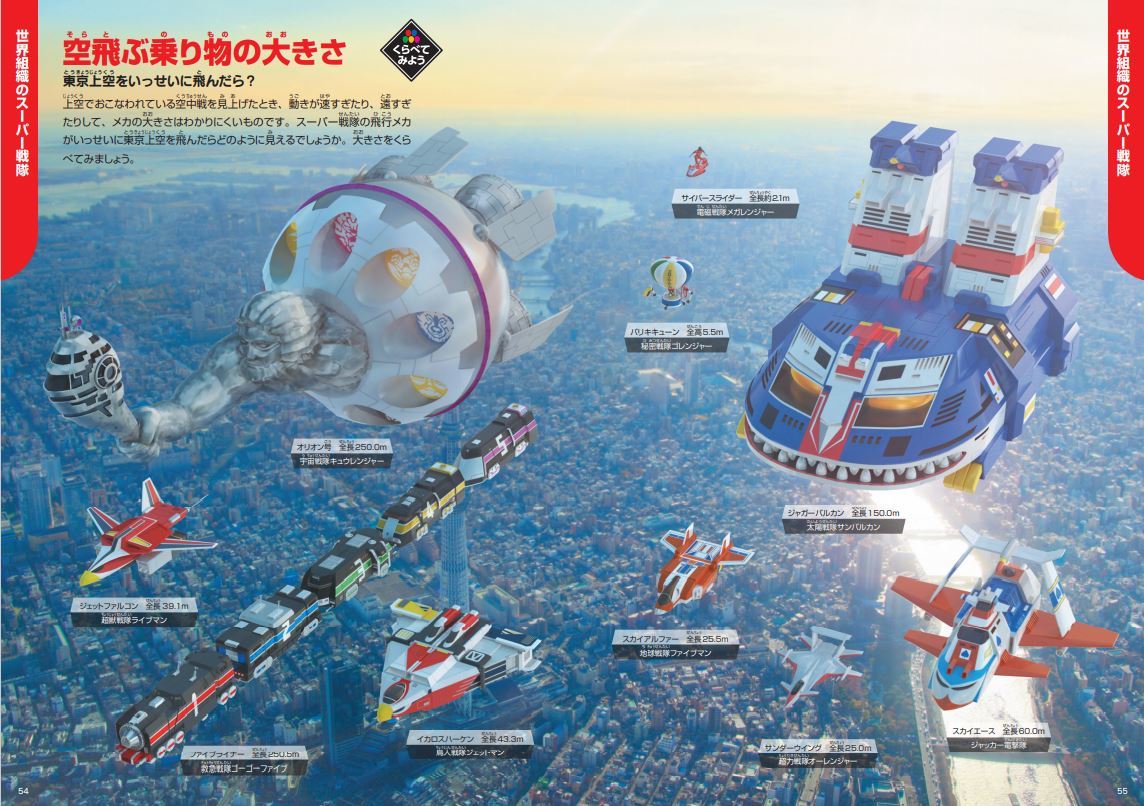 現実かのようにスーパー戦隊の乗り物が東京上空を飛行する様子を表した特集ページ