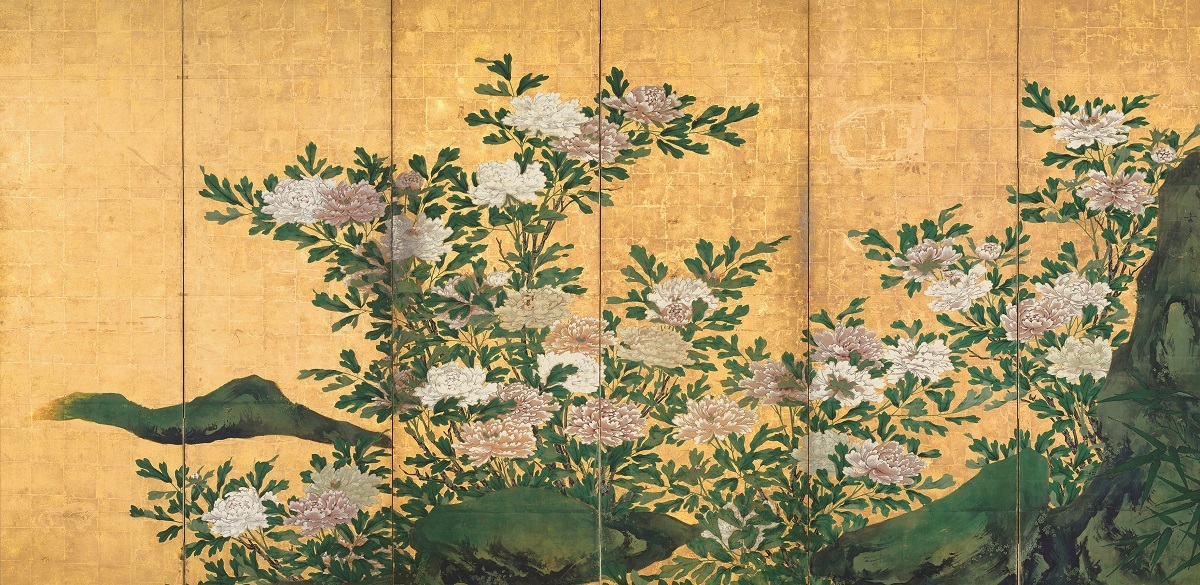 重要文化財　花卉図屏風（右隻）　海北友松筆　妙心寺（京都）　桃山時代　17世紀　通期展示