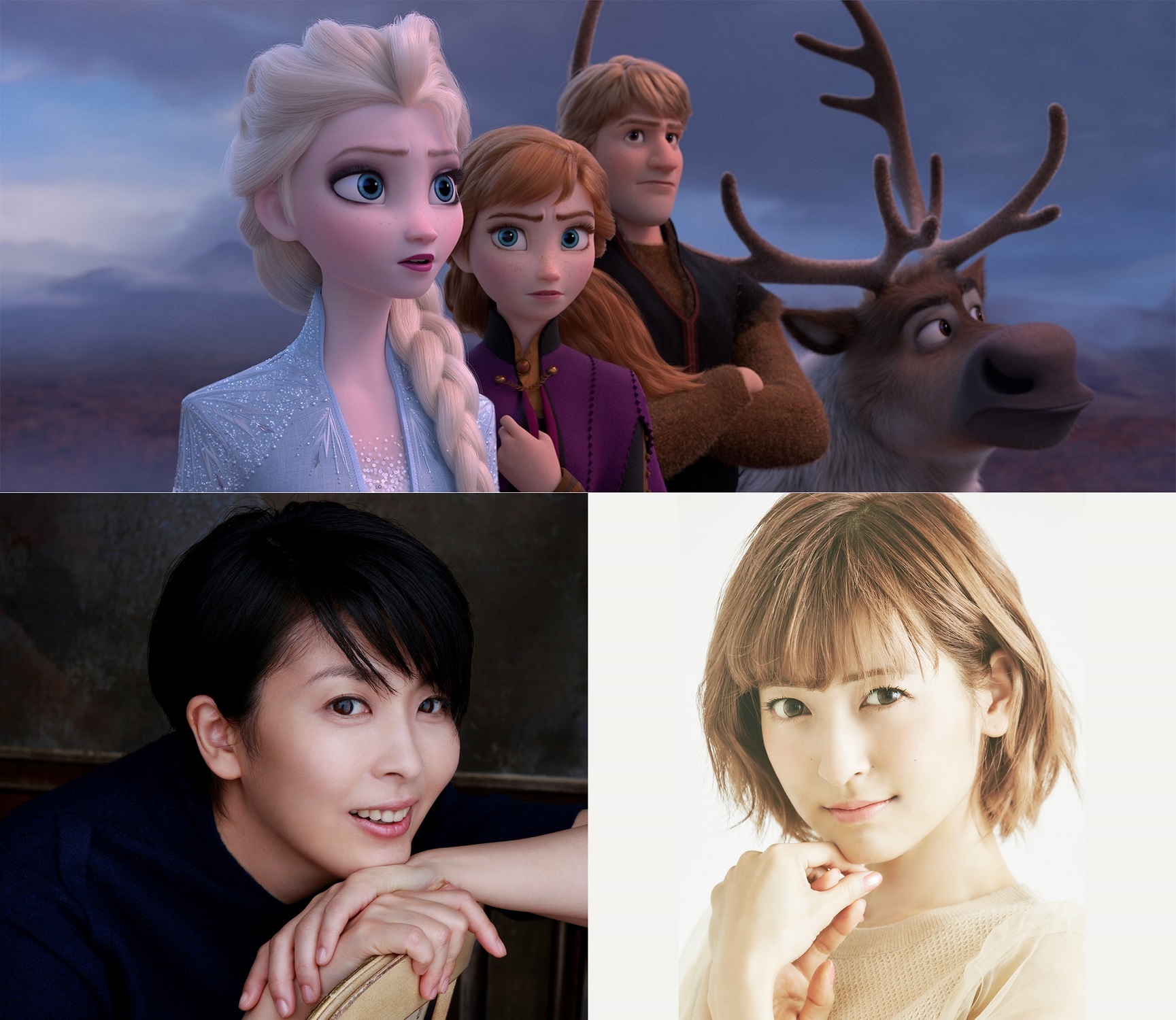 下段左から、松たか子、神田沙也加 （C）2019 Disney. All Rights Reserved.