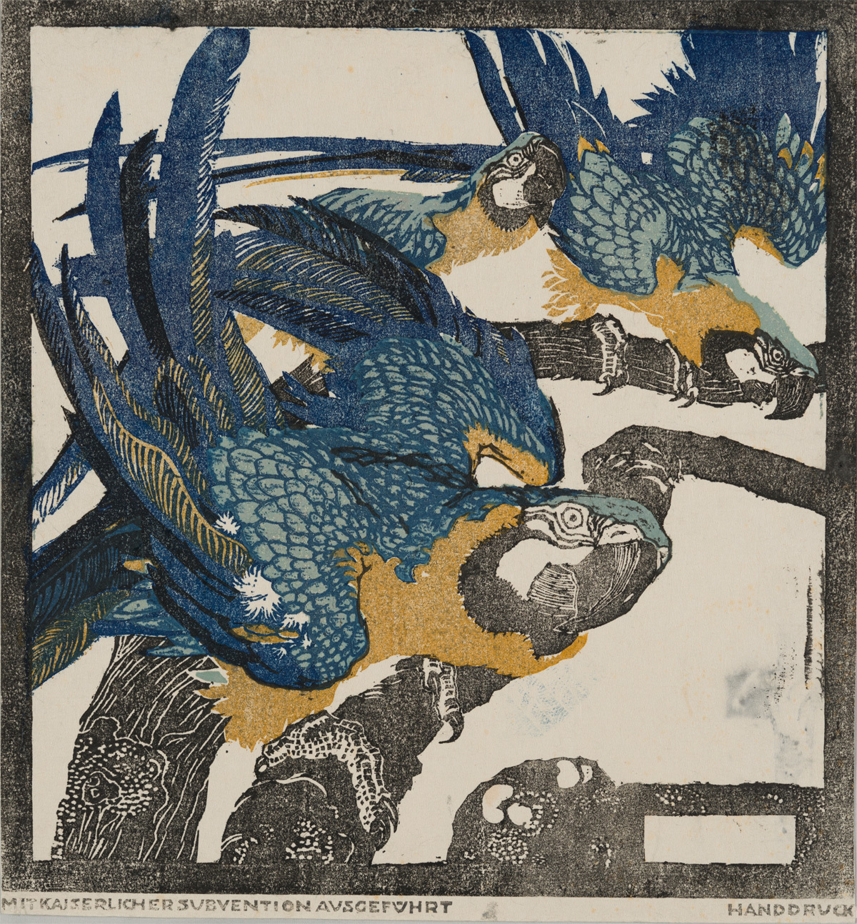 ルートヴィヒ・ハインリヒ・ユンクニッケル《三羽の青い鸚鵡》（連作「シェーンブルンの動物たち」より）1909年頃　京都国立近代美術館