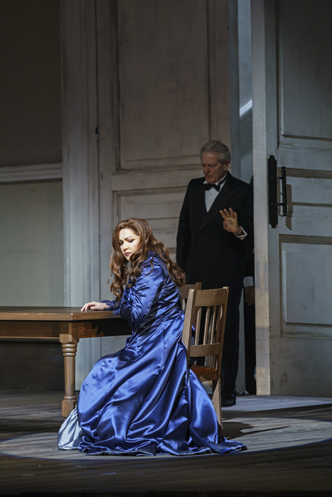 Anna Netrebko as Leonora, Robert Lloyd as Marquis of Calatrava (c)ROH 2019 photograph by Bill Cooper