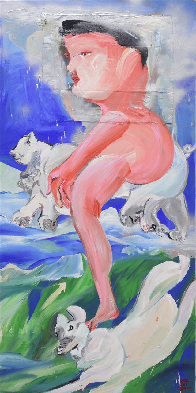 近藤亜樹, 飛べ、こぶた, 2016, acrylic, emulsion paint, collage on panel, 182x91cm