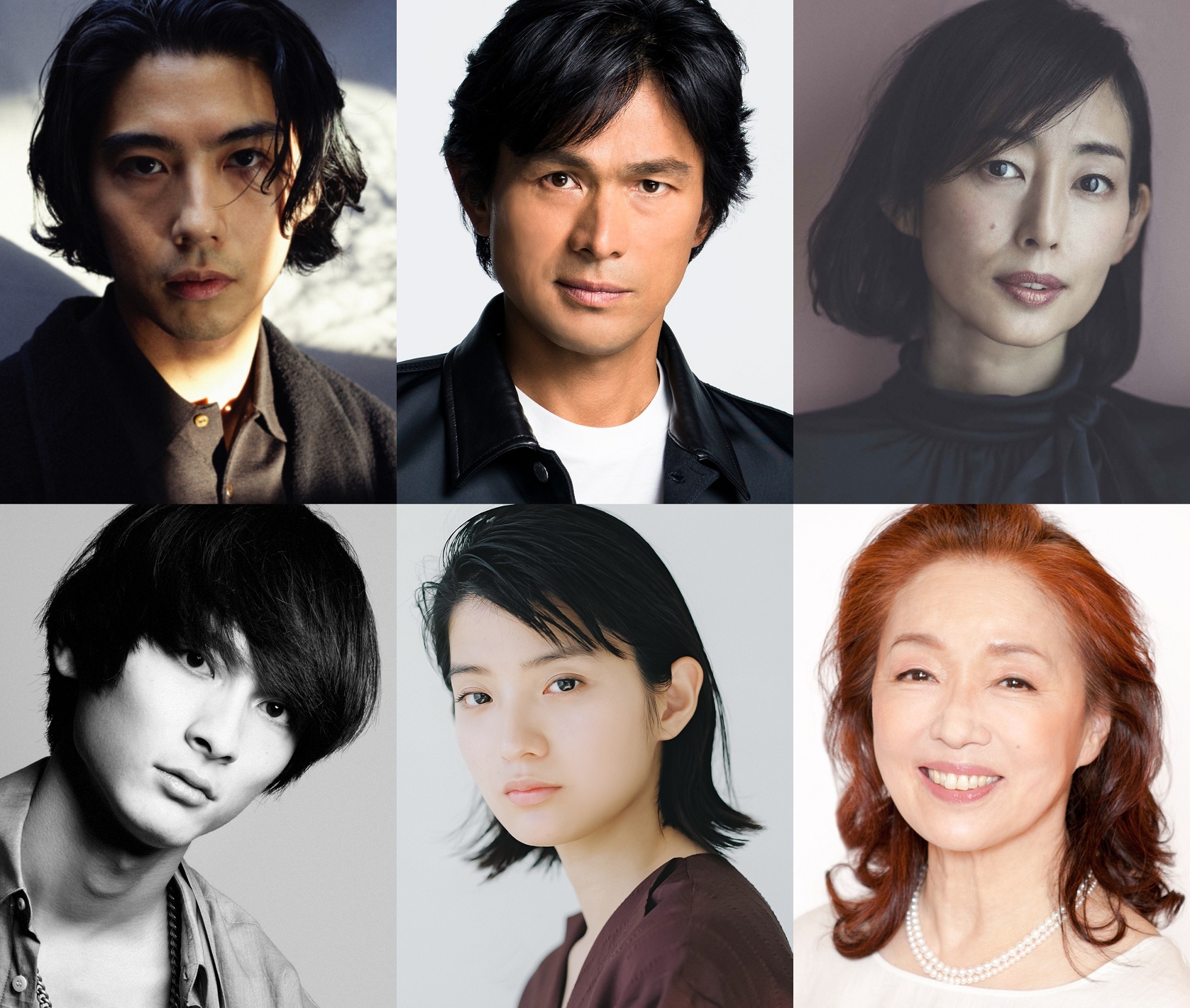 左上から時計回りに、賀来賢人、江口洋介、木村多江、宮本信子、蒔田彩珠、高良健吾 Netflixシリーズ『忍びの家』キャスト