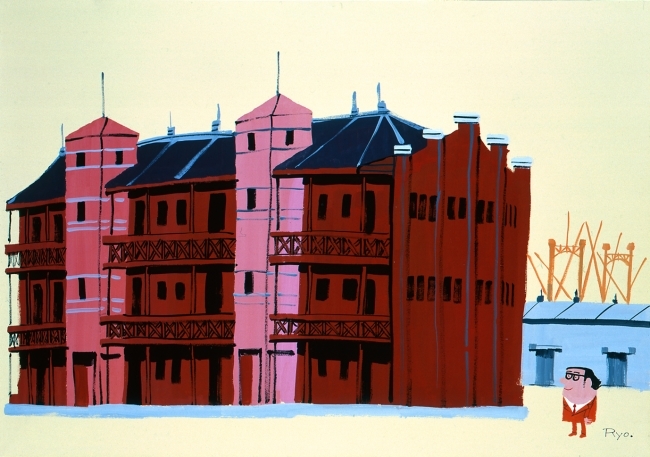 柳原良平　《新港埠頭赤煉瓦倉庫》　1978年　ポスターカラー、紙　72.2×102.5cm