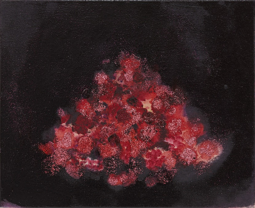 Chardin Fraises des bois 2017-2018 glitter, oil on canvas 22.5 x 27.2 cm (C)Midori Sato