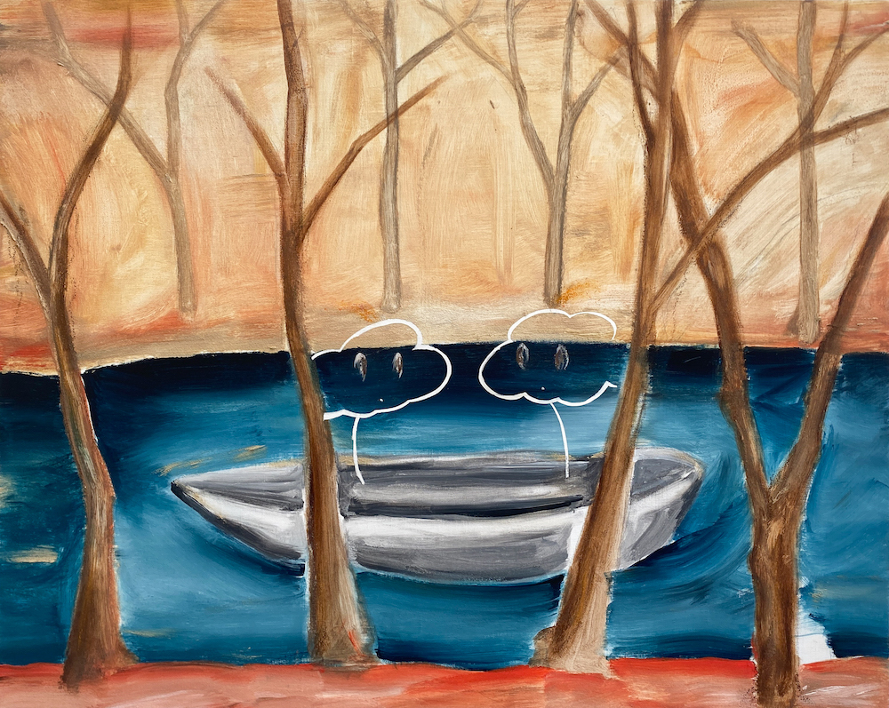 “On the boat” 91cm×72.7cm/Acrylic, medium, oil pastel on canvas
