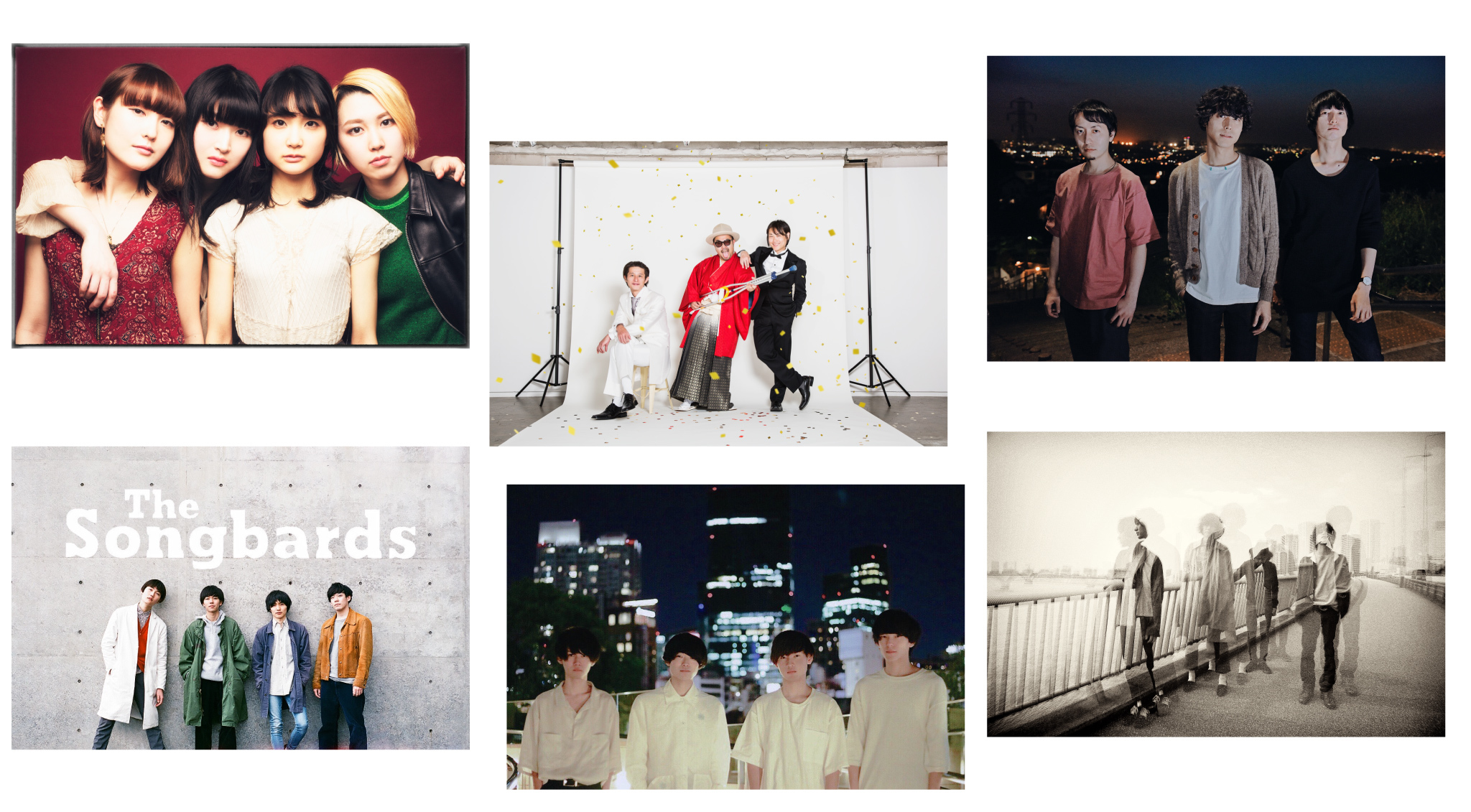Drop's／GOING UNDER GROUND／The Cheserasera／THURSDAY'S YOUTH／ヒヨリノアメ／The Songbards（左上から時計回り） Drop's／GOING UNDER GROUND／The Cheserasera／THURSDAY'S YOUTH／ヒヨリノアメ／The Songbards（左上から時計回り）