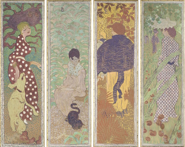 ピエール・ボナール《庭の女性たち》1890-91年　デトランプ、カンヴァスに貼り付けた紙（4点組装飾パネル）　160.5×48cm（各） オルセー美術館　