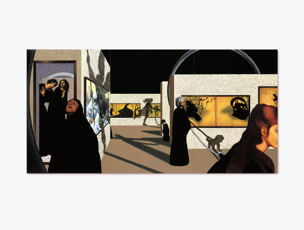 【大原美術館賞】小森 紀綱《絵画鑑賞》油彩・アクリル・膠、麻布・木製パネル 194×390×3.2 cm