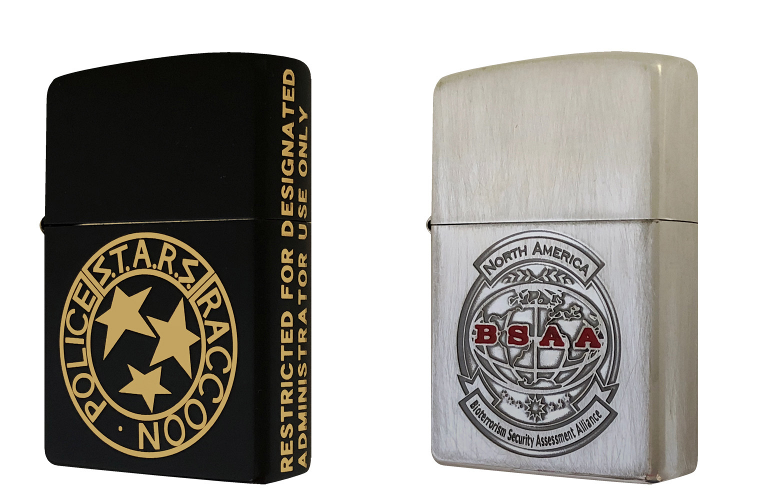 左がバイオハザード Zippo(S.T.A.R.S.メダリオン)、右がバイオハザード Zippo(BSAA)