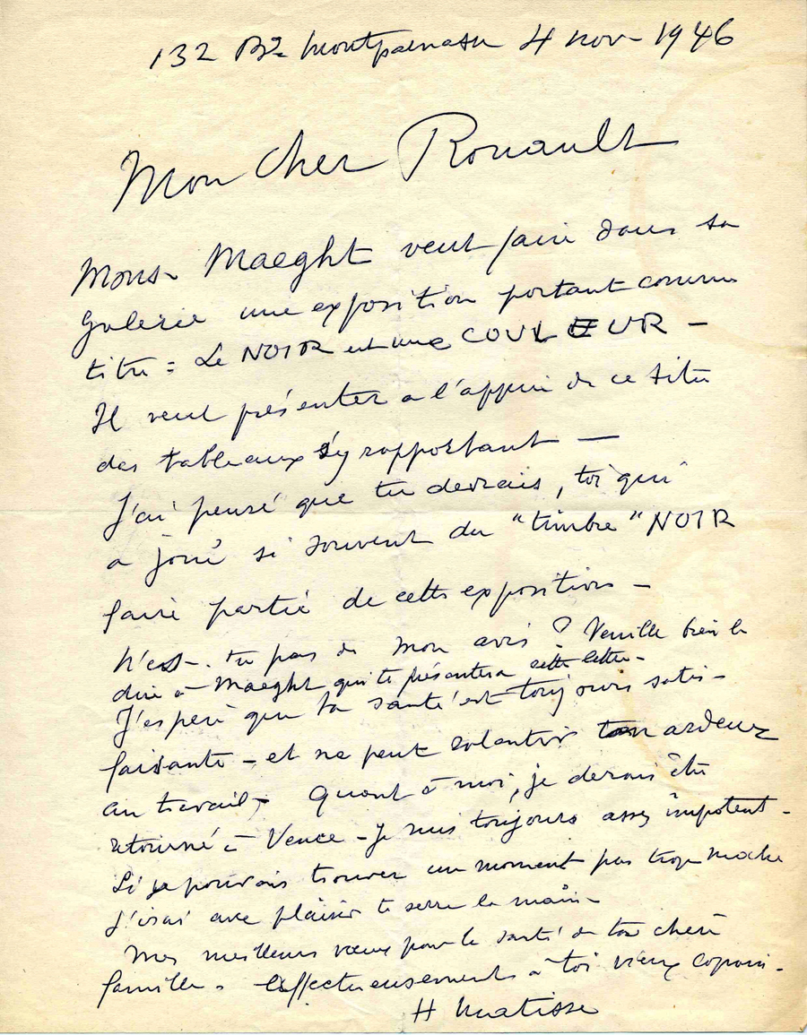 《マティスからルオーへの書簡、1946年11月4日》/ジョルジュ・ルオー財団、パリ
