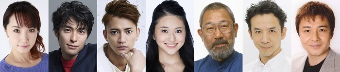 （左から）濱田めぐみ、 海宝直人、中河内雅貴、小南満佑子、上條恒彦、今井朋彦、渡辺徹