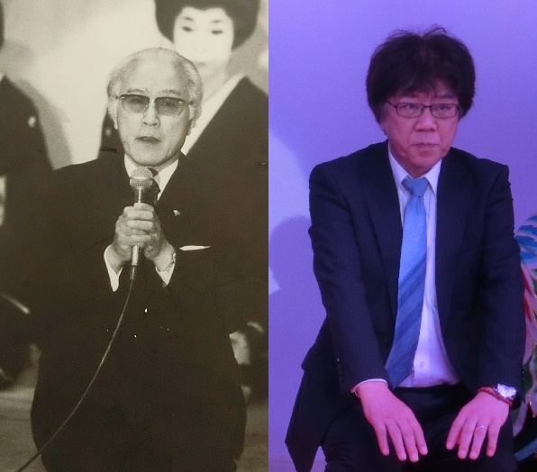 左・篠原孝昌さん(木馬館内の「木馬館思い出写真集」に貼られている写真)　右・現社長の篠原淑浩さん(2015/8/1 立川けやき座こけら落とし公演より)