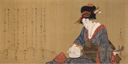 春色梅花鳥居図】英一蝶 989 掛け軸 肉筆