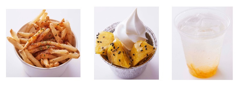 秋味フレーバーポテト～トリュフ～（税込550円）、秋の大学芋ソフト（税込550円）、果肉入り あま～いリンゴサワー（税込700円）