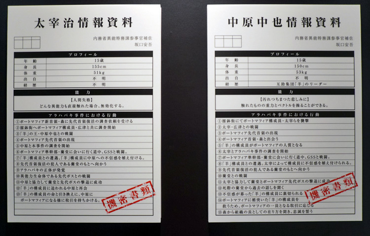 アニメ第3シーズン展示風景。情報資料は機密書類扱いでリアル。