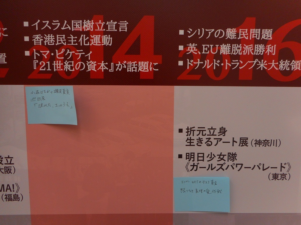 会場ではソーシャリー・エンゲイジド・アートにまつわる年表があり、来場者がそこに書き足すこともできる