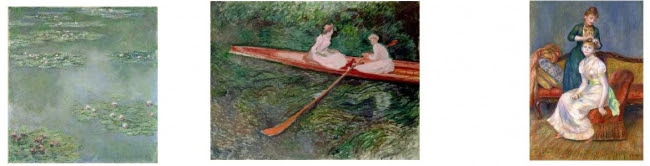 左：クロード・モネ《睡蓮》1907年　　中央：クロード・モネ《バラ色のボート》1890年　　右：ピエール・オーギュスト・ルノワール《髪かざり》1888年　