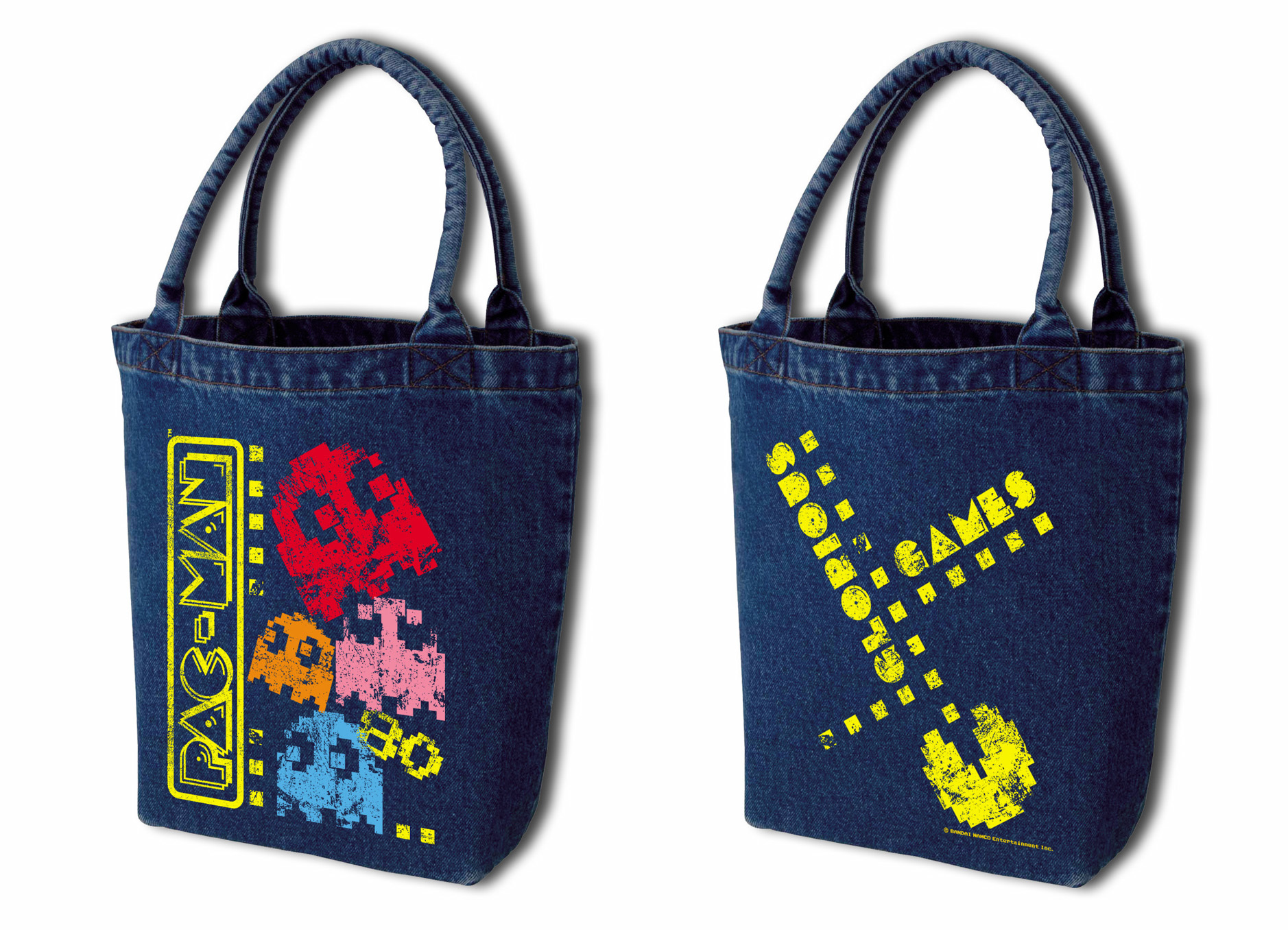 PACMAN Graffiti Denim Totebag： アメリカのストリート エアロゾールアートをモチー フにしたパックマンのデニムトートバッグ。限定50個（￥3,564(税込) /  縦34cm x 横35cm x 横幅13cm） PAC-MAN(C) (C)BANDAI NAMCO Entertainment Inc. (C) GAMES GLORIOUS Inc.