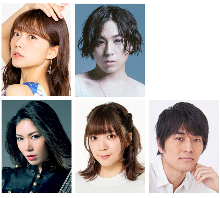 （左上から）雪村咲羽役・三森すずこ、月城真琴役・蒼井翔太、 花風エレーナ役・Raychell、中村浅陽役・伊藤彩沙、葛原仁役・小林親弘