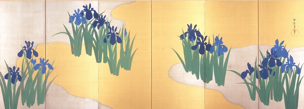 神坂雪佳「燕子花図屏風」（右隻・部分）大正～昭和時代前期 岡田美術館蔵