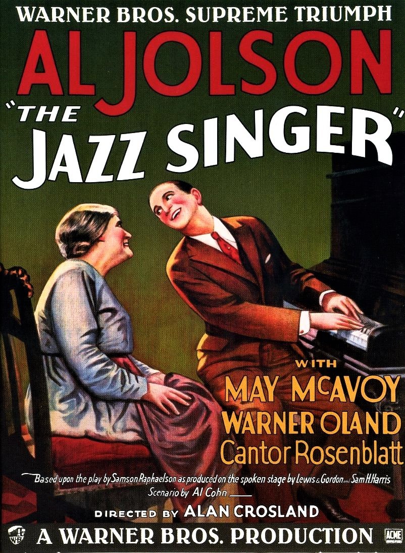 「ジャズ・シンガー」（1927年）、アメリカ公開時のポスター。ジョルスンが母親に、〈ブルー・スカイ〉を歌って聴かせるシーンを大きくフィーチャーしている。