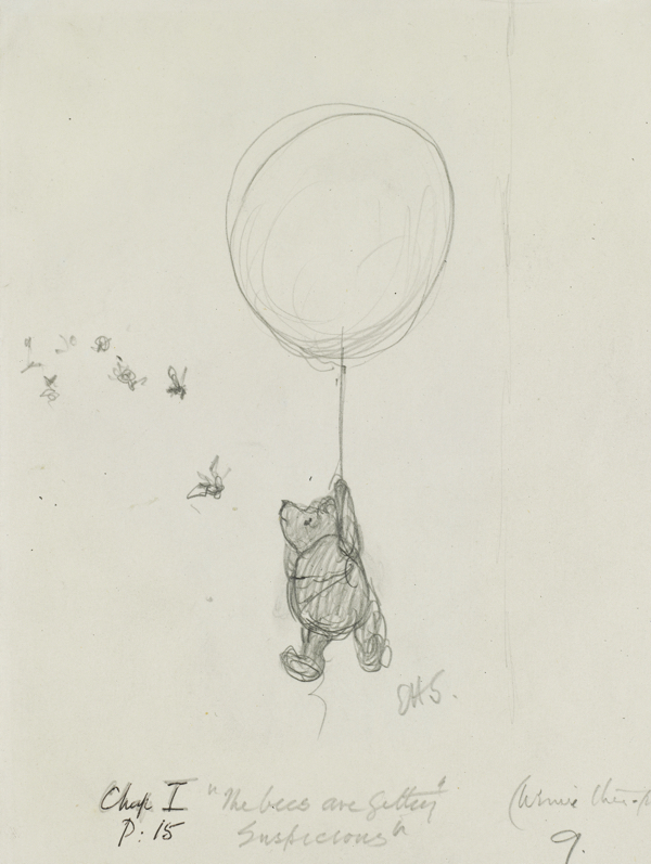 「ハチのやつ、なにか、うたぐってるようですよ」、『クマのプーさん』第1章、 E.H.シェパード、鉛筆画、1926年、V&A所蔵　(C) The Shepard Trust
