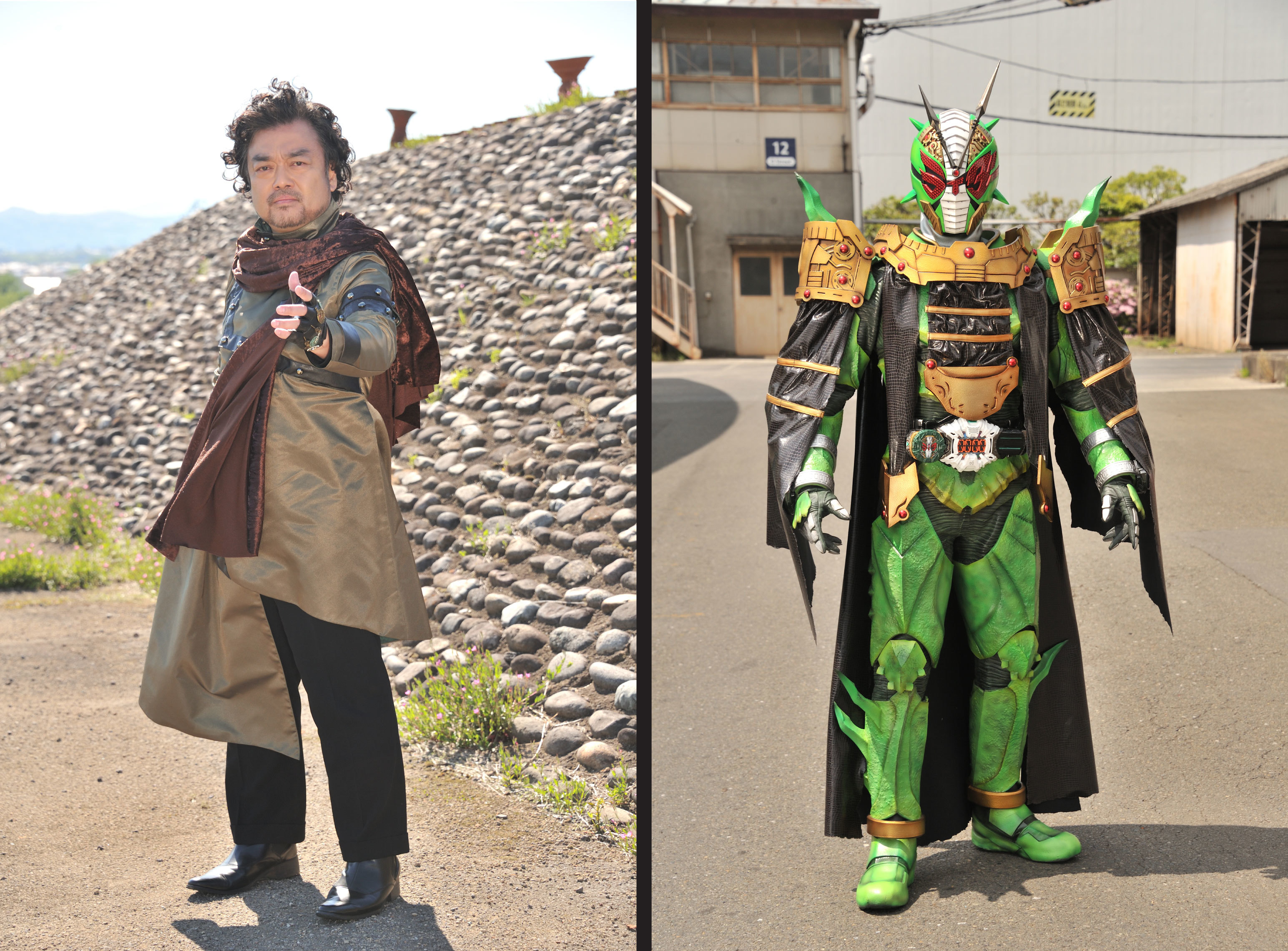 パパイヤ鈴木演じるカゲン（左）と変身後の仮面ライダーゾンジス（右）  