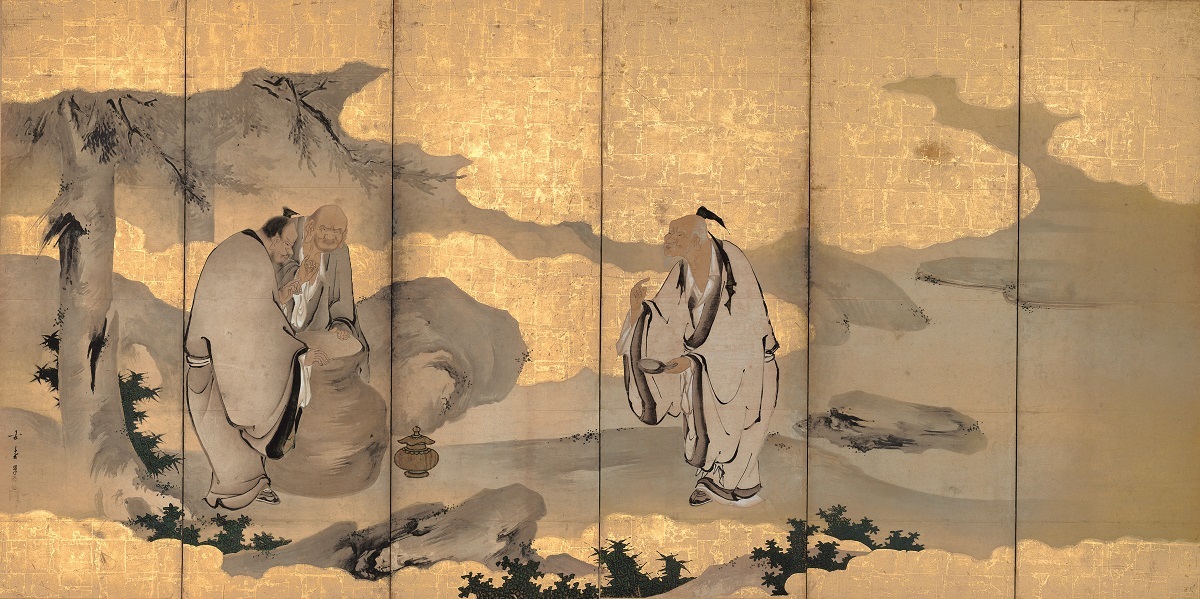 重要文化財　寒山拾得・三酸図屏風（左隻）　海北友松筆　妙心寺（京都）　桃山時代　17世紀　通期展示