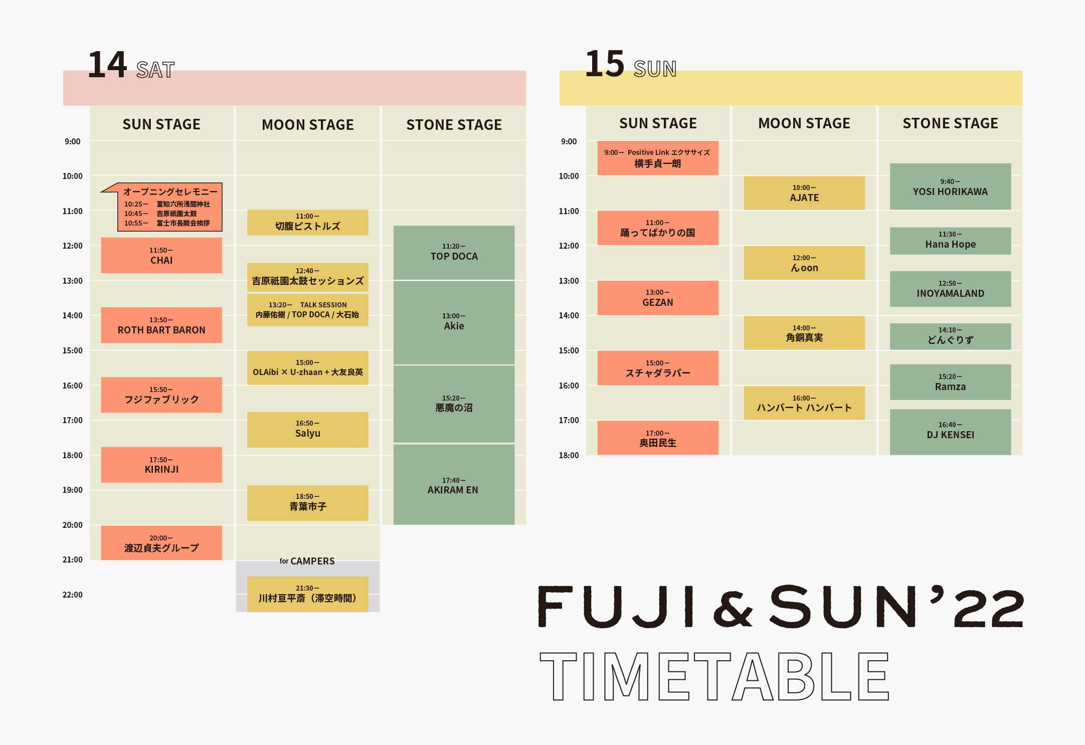 キャンプフェス『FUJI & SUN'22』タイムテーブルを公開 新たな