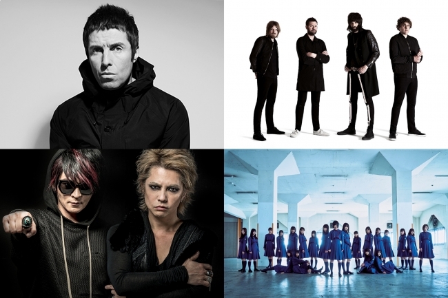  左上から時計回りに、リアム・ギャラガー、カサビアン、欅坂46、VAMPS